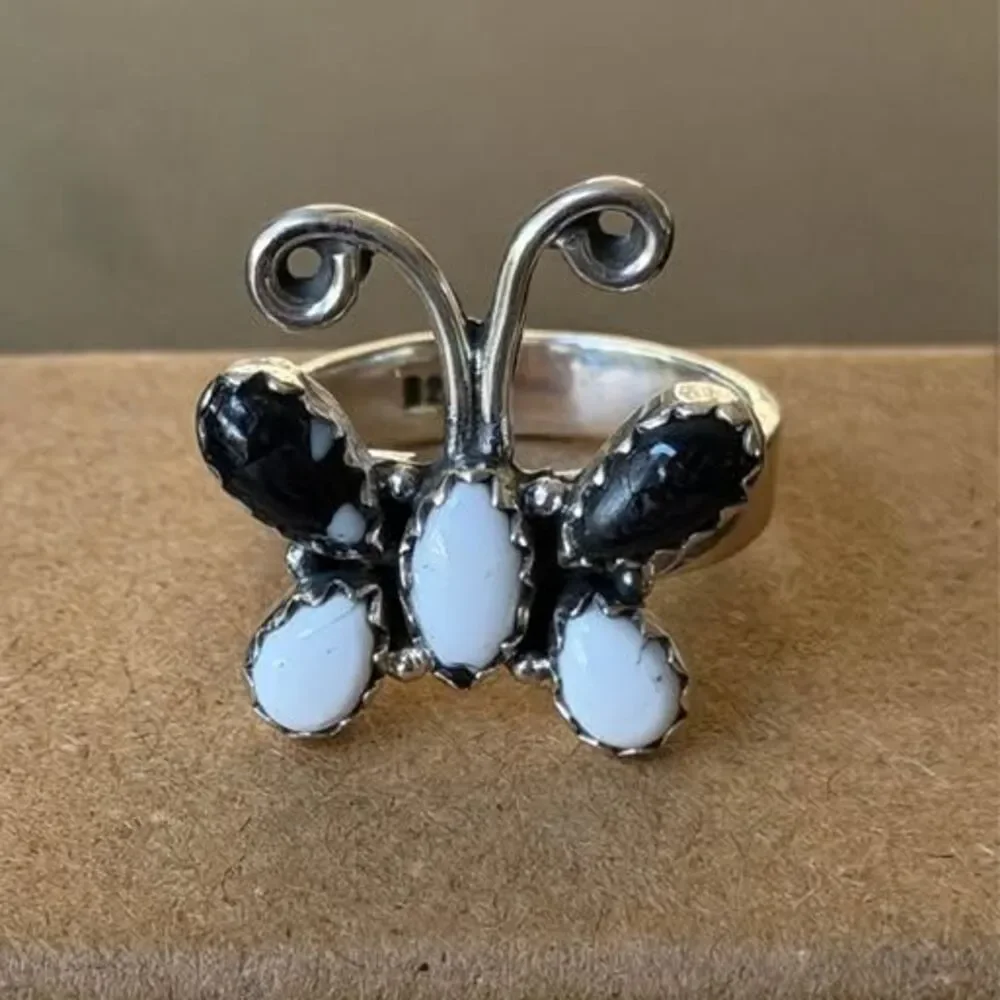 🦋 White Buffalo Sterling Silver Butterfly Ring — Adjustable 7–8.5